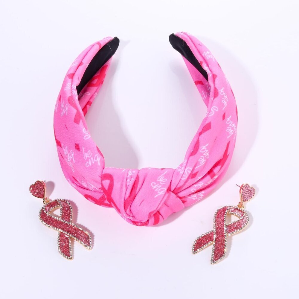 Pink Ribbon Headband and Earrings Set Women Breast Cancer Awareness Gifts - Picture 4 of 4
